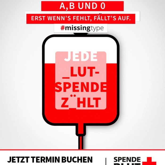 🩸Heute ist Weltblutspendetag 🩸 
Deshalb möchten wir auf dieses wichtige Thema aufmerksam machen. 

Erst wenn’s fehlt, fällt’s auf: In Deutschland wird alle 7 Sekunden eine Blutkonserve 
benötigt. Die kontinuierliche Sicherstellung der Versorgung chronisch Kranker und 
Verletzter wird zu einer immer größeren Herausforderung. Da Blut nicht künstlich 
hergestellt werden kann und Blutpräparate nur eine geringe Haltbarkeit haben, ist 
regelmäßiges Blutspenden essenziell. 
JETZT MITM_CHEN. JETZT _LUT SPENDEN: www.missingtype.de/mitmachen! 
#missingtype #blutspende #erstwennsfehltfälltsauf